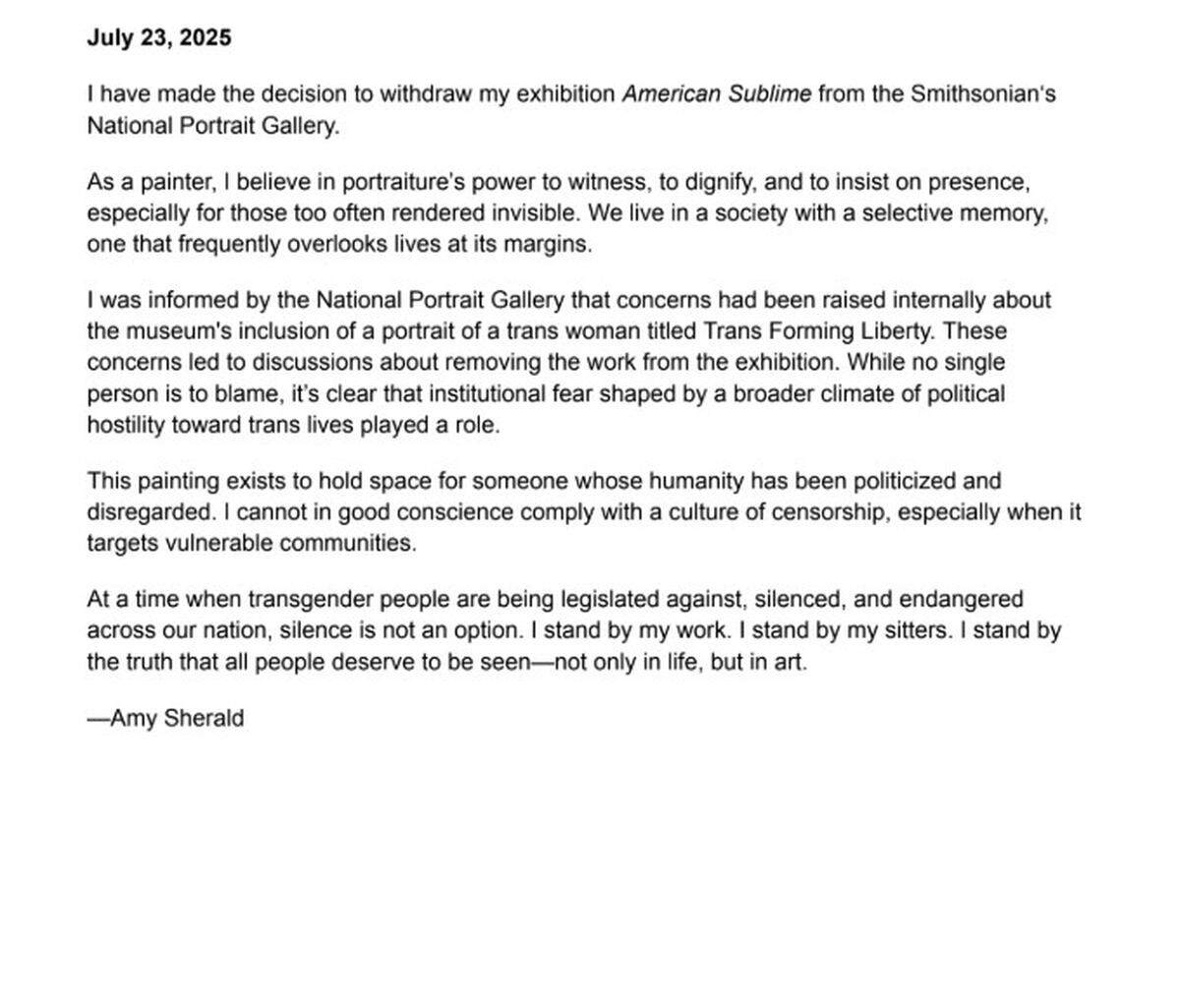 Acclaimed artist and Columbus native Amy Sherald has withdrawn her upcoming solo art show from the Smithsonian’s National Portrait Gallery, citing concerns of censorship. Sherald issued this statement to the Ledger-Enquirer on July 24, 2025.