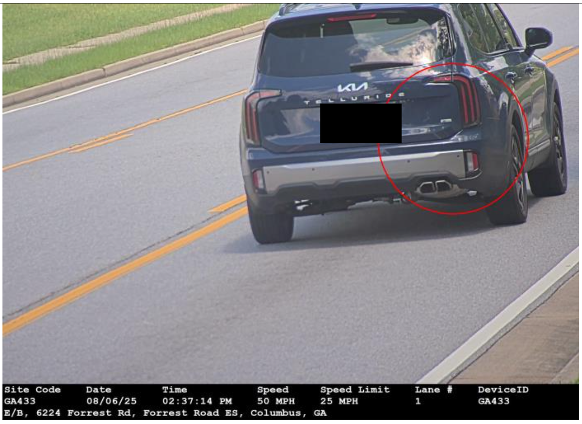 An automated camera took this photo of a speeding violation Aug. 6, 2025, at 2:37 p.m. in the Forrest Road Elementary School zone on Forrest Road in Columbus when the vehicle was traveling at 50 mph while the speed limit was 25 mph.