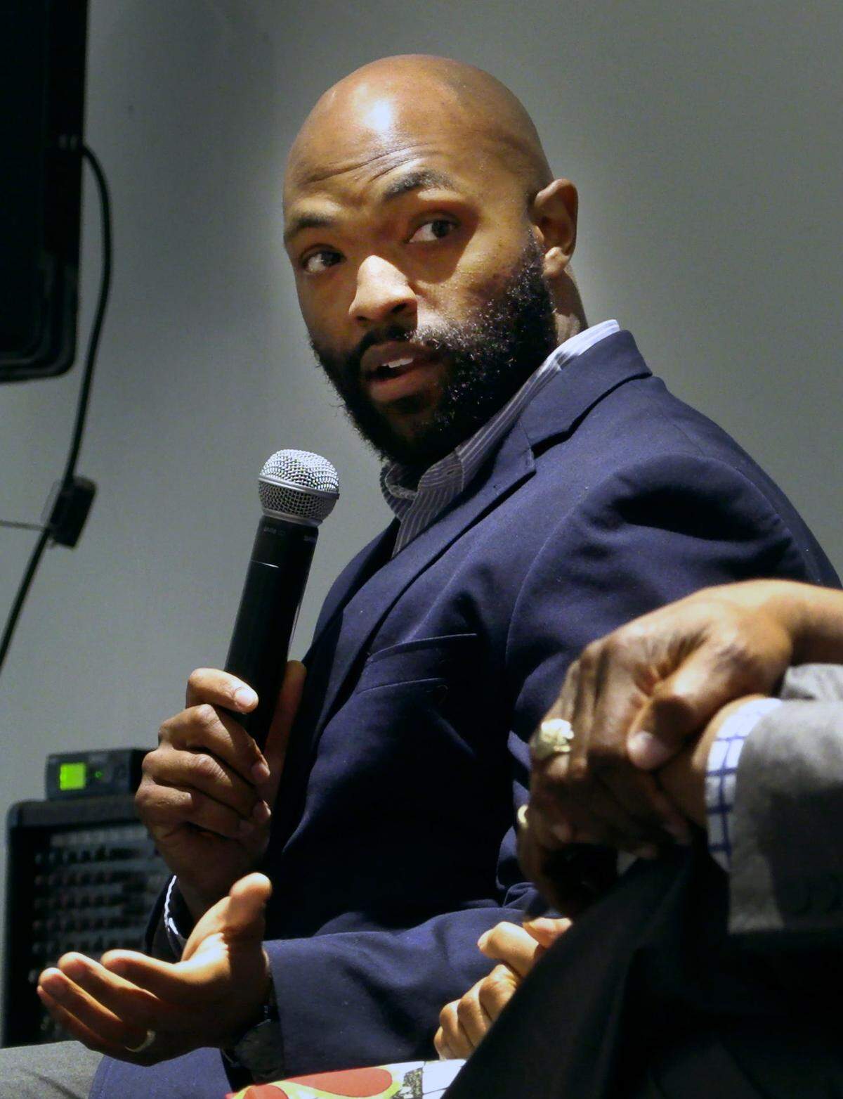 Norman Hardman, a realtor at Prestige Property Brokers, answers a question Thursday during the United Way’s 3rd Annual Black History Panel in honor of Black History Month at the Columbus Civic Center in Columbus, Georgia. 02/10/2023