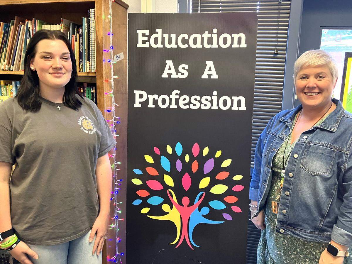 Harris County High School junior Addison Stewart, left, poses with HCHS education as a profession teacher and FCCLA (Family, Career and Community Leaders of America) chapter coordinator Jennifer Robinson. Addison says Robinson “changed my life.”