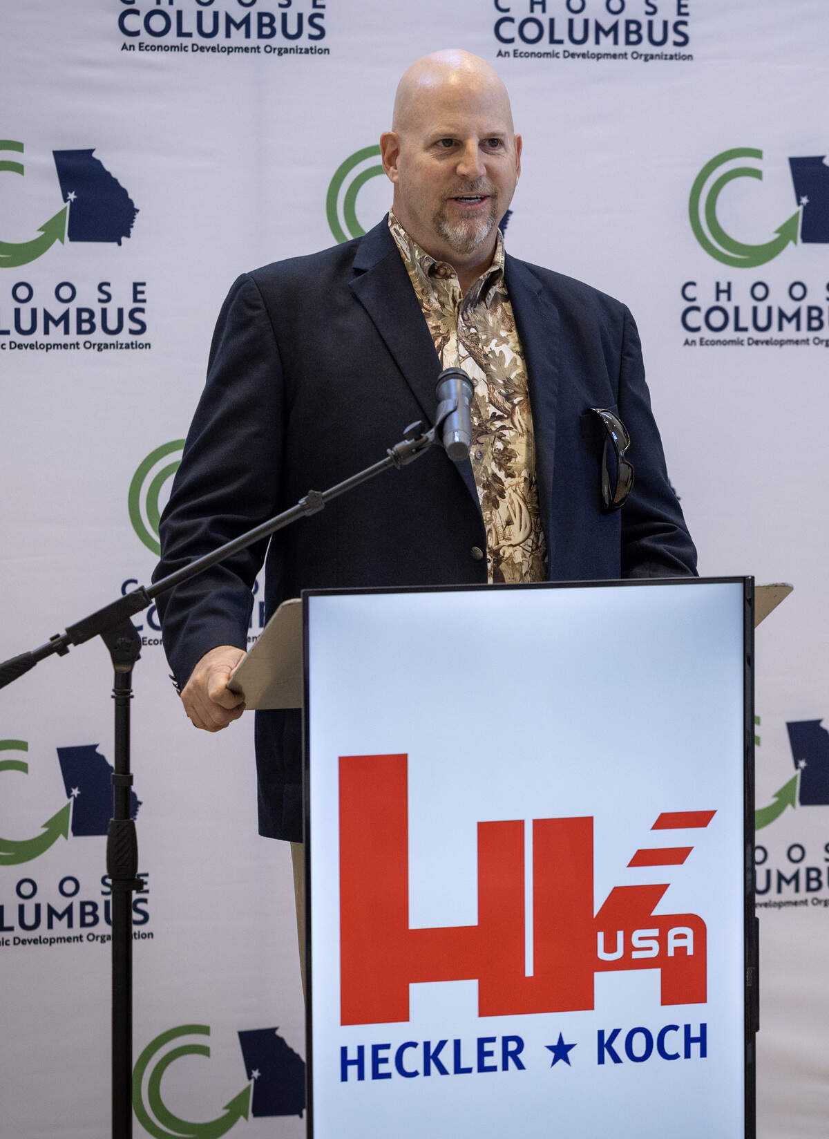 Michael Holley, CEO of HK USA, speaks at a May 14, 2026, news conference in Columbus about the company’s plans to expand its local footprint with a $13 million investment expected to create 35 jobs.