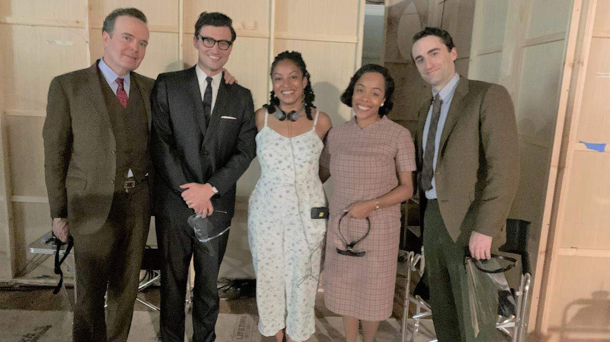 Natalia Temesgen of Columbus, center, poses with actors, from left, Jefferson Mays, Bryce Pinkham, Brittany Bradford, and Charlie Thurston on the set of the HBO Max series “Julia” in Boston during the summer of 2021 while filming Episode 4, which Temesgen wrote and debuts April 7, 2022.