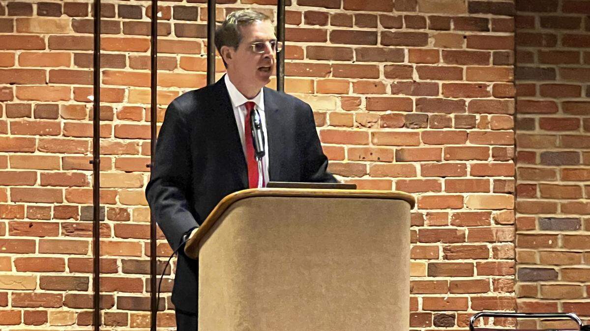 Georgia Secretary of State Brad Raffensperger gives the opening remarks at the Georgia Alliance for School Resource Officers and Educators Executive Seminar in the at the Columbus Convention and Trade Center on Jan. 16, 2026.
