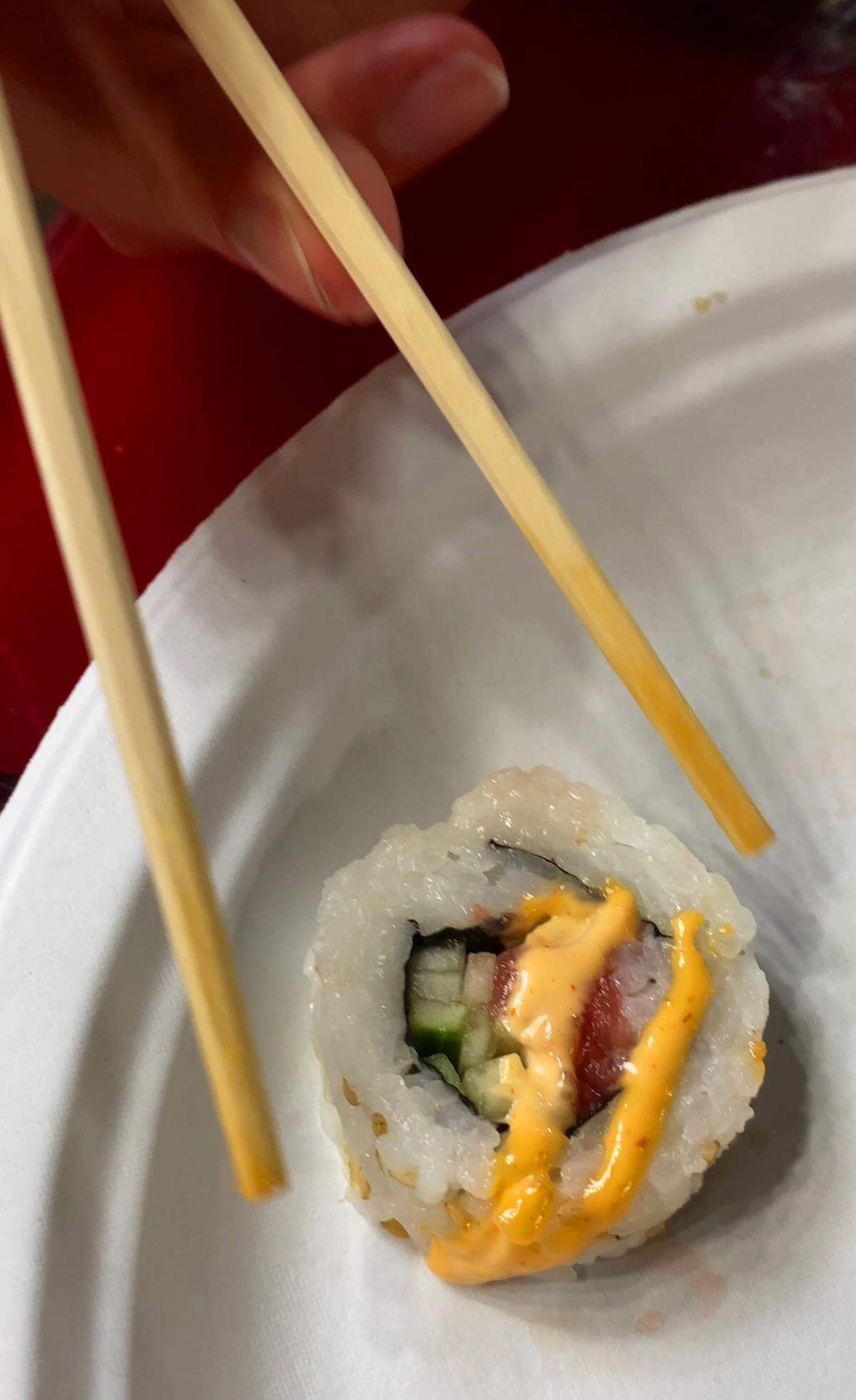Publix has a special on sushi rolls on Wednesdays. Here, reporter Kelby Hutchison tries one of the spicy tuna rolls. 11/19/2025