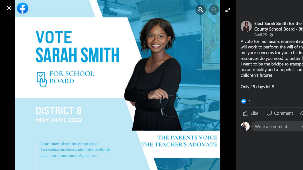 A screenshot of Muscogee County School Board candidate Sarah Smith’s campaign page on Facebook.