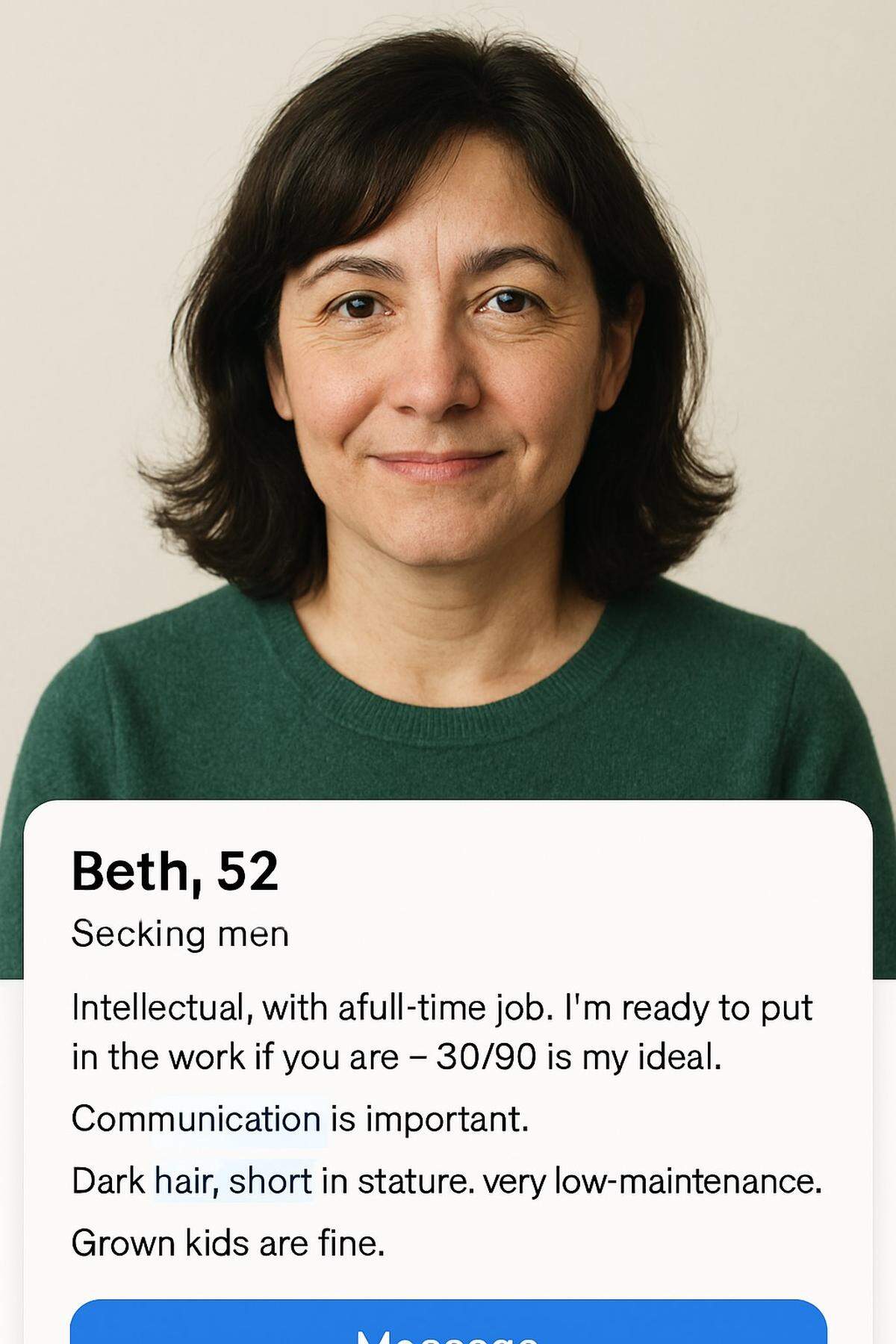 Meet Beth, the AI-generated potential match for one of our survey participants.