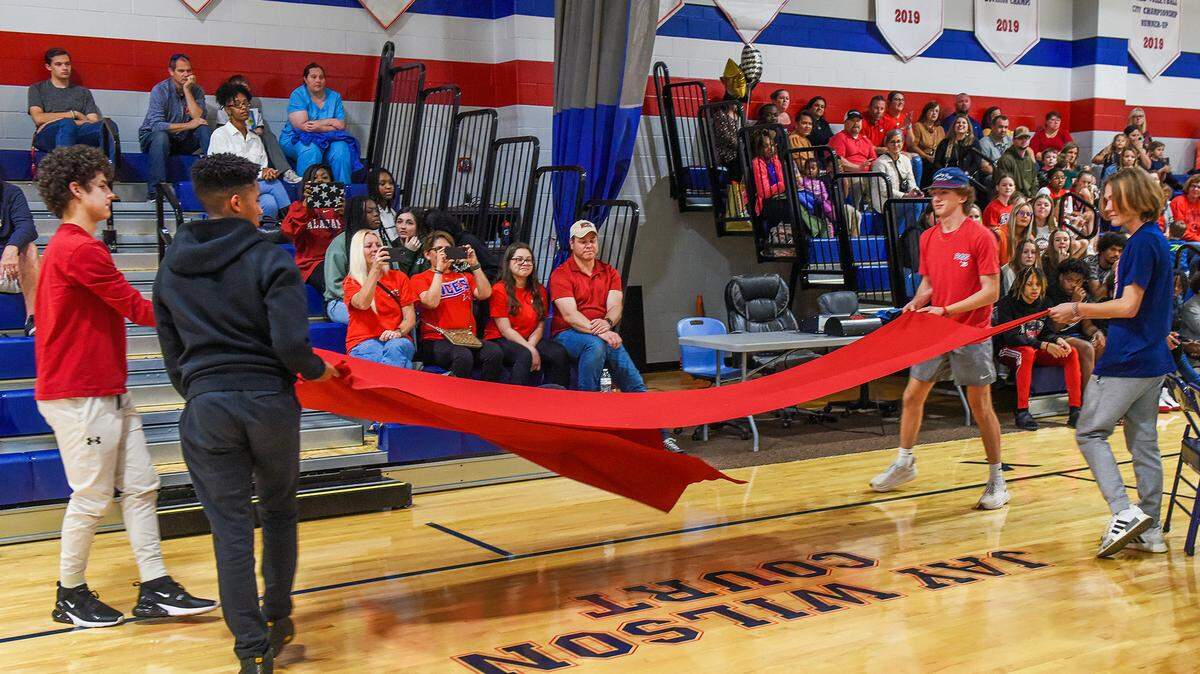 The school gymnasium’s court at Veterans Memorial Middle School in Columbus, Georgia was dedicated in honor of Coach Jay Wilson during a ceremony Wednesday afternoon. 01/24/2024