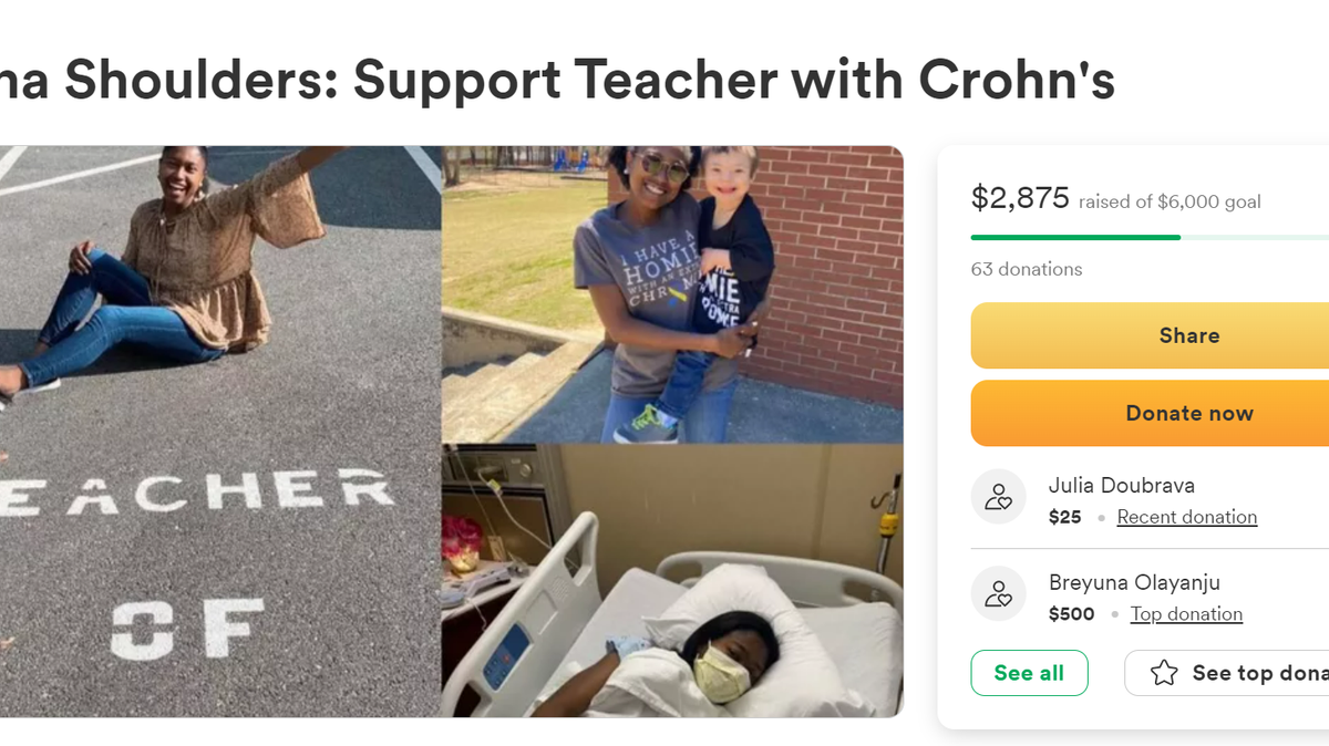 This screenshot shows the account at GoFundMe.com established for Briana Shoulders, the 2022 Teacher of the Year at Blanchard Elementary School in Columbus.