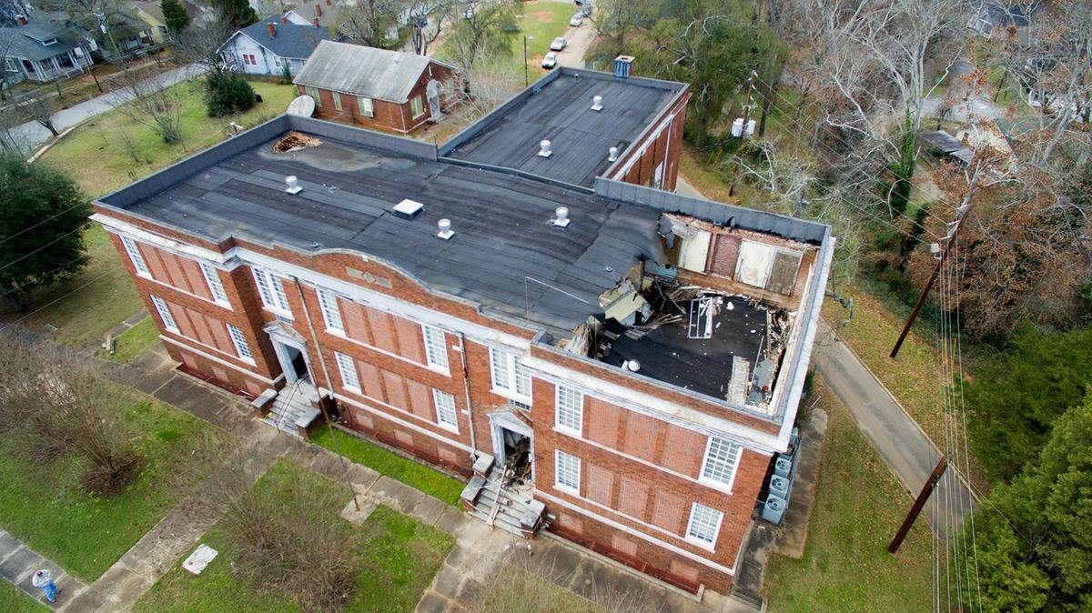 Courtesy of Rivertown Aerial PhotographyThis photo taken with a drone shows the extent of the damage to the old Bibb City Elementary School.