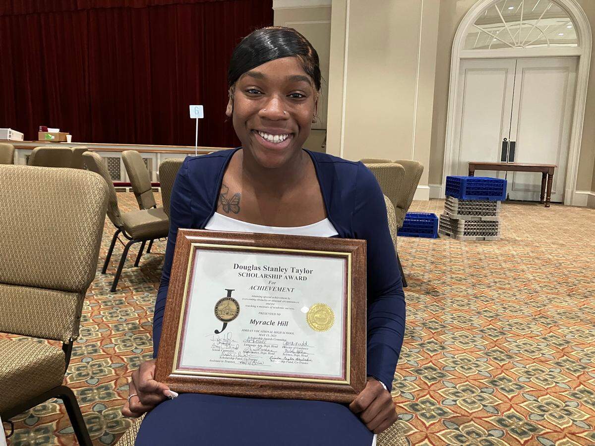 Jordan Vocational High School senior Myracle Hill won the 2025 Douglas Stanley Taylor Scholarship 2025 in the achievement category during the JVHS Senior Luncheon at the St. Luke Ministry Center in Columbus on May 15, 2025.