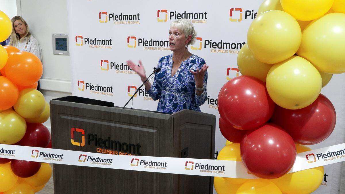 Columbus philanthropist Wanda Amos speaks at the ribbon-cutting ceremony May 11, 2026, to celebrate the completion and naming of a $58 million expansion and renovation project that has increased the Piedmont Columbus Regional midtown hospital’s critical care capacity. Named the Shelby and Wanda Amos Intensive Care Unit, the 99,038-square-foot project includes 43 new ICU beds, plus 68 renovated rooms, across three nursing units.