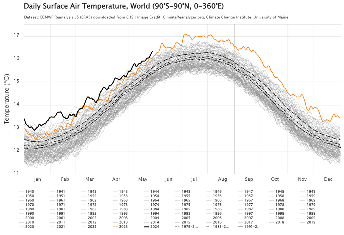 Daily surface air temperature for the Northern Hemisphere. 2024 (in black) has beaten 2023 for six straight months, continuing a previous six month trend making the last 12 months the hottest average air temperature since record keeping began.