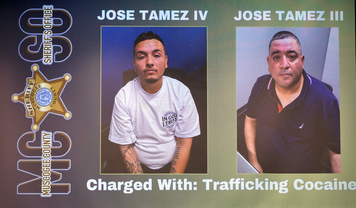 Muscogee County Sheriff Greg Countryman and Chattahoochee Judicial Circuit District Attorney Don Kelly conducted a news conference June 18, 2026, to announce Jose Tamez IV and Jose Tamez III have been arrested and are now charged with trafficking cocaine after the seizure of 42 pounds of cocaine worth an estimated $2.3 million.