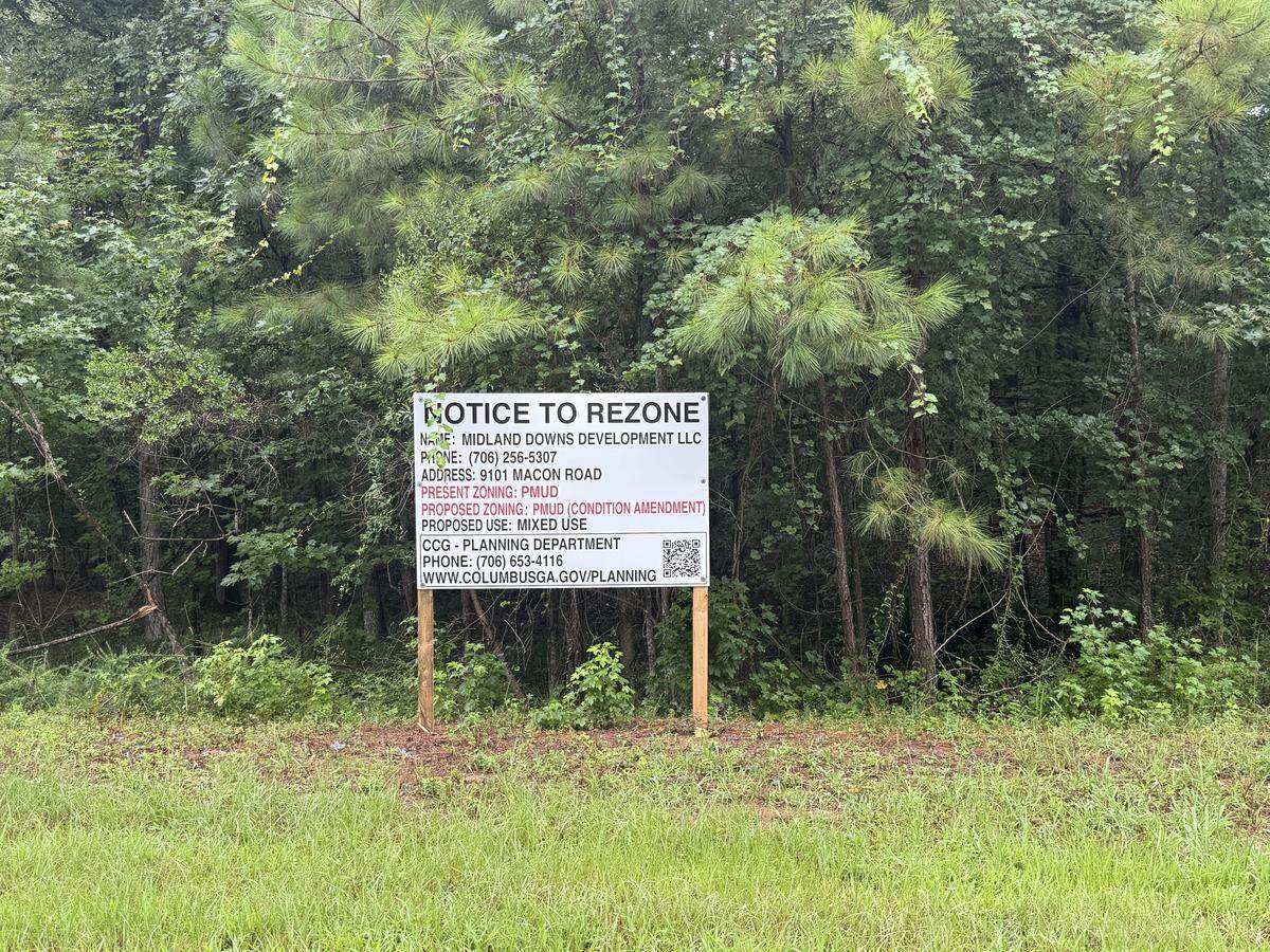 Midland Downs Development LLC filed a rezoning request for the property at 9101 Macon Road in Columbus. The company plans to build an apartment complex and a commercial building.
