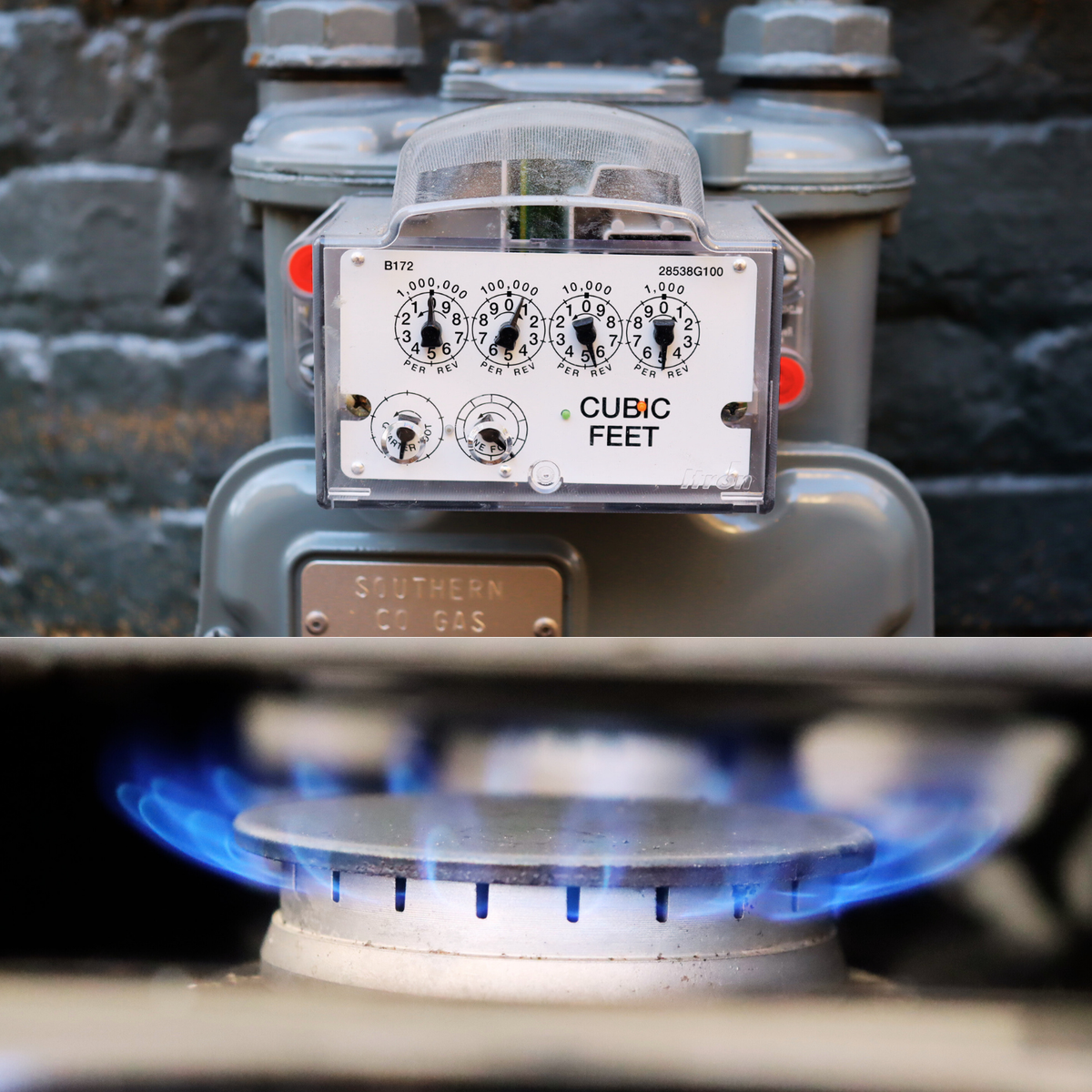 An Atlanta Gas Light meter shows how many cubic feet of gas are used (above), and a methane gas stove burns (below).