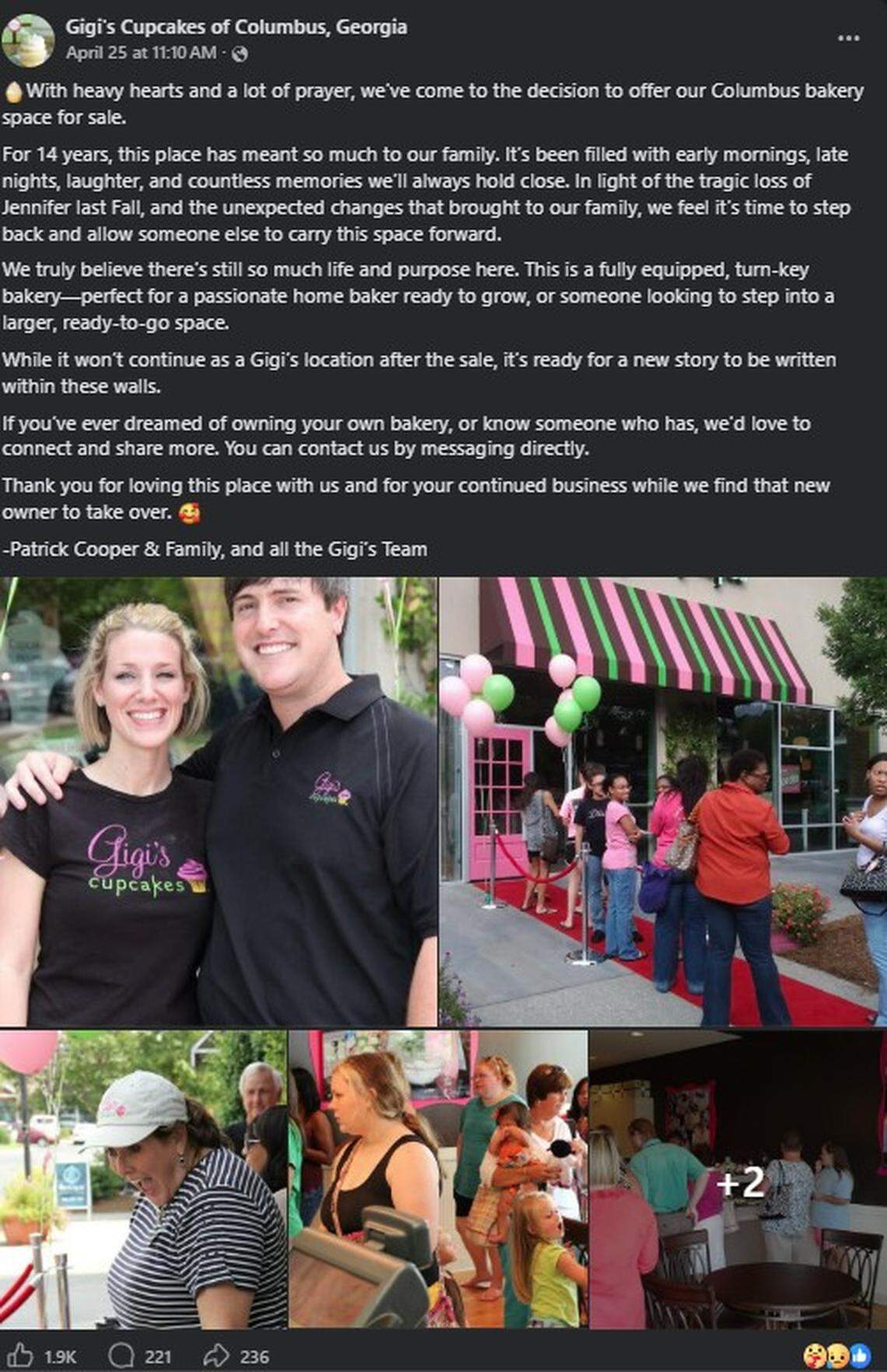 Patrick Cooper, owner of he tGigi’s Cupcakes location in Columbus, announced on Facebook the bakery 2511-B Airport Thruway will be offered for sale. When the sale is complete, the location will be closed, according to the post. This is a photo of the announcement, posted April 25, 2026.