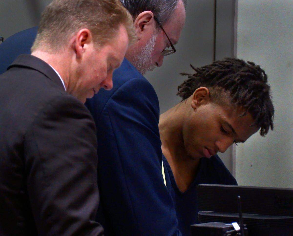 Tellious Brown, 17, right, appeared in Columbus Recorder’s Court Wednesday for a preliminary hearing. Brown is charged with murder in the fatal shooting of Roy Wilborn near the intersection of Illges Road and Rigdon Road in Columbus. Brown was represented by defense attorney Mark Shelnutt, center.