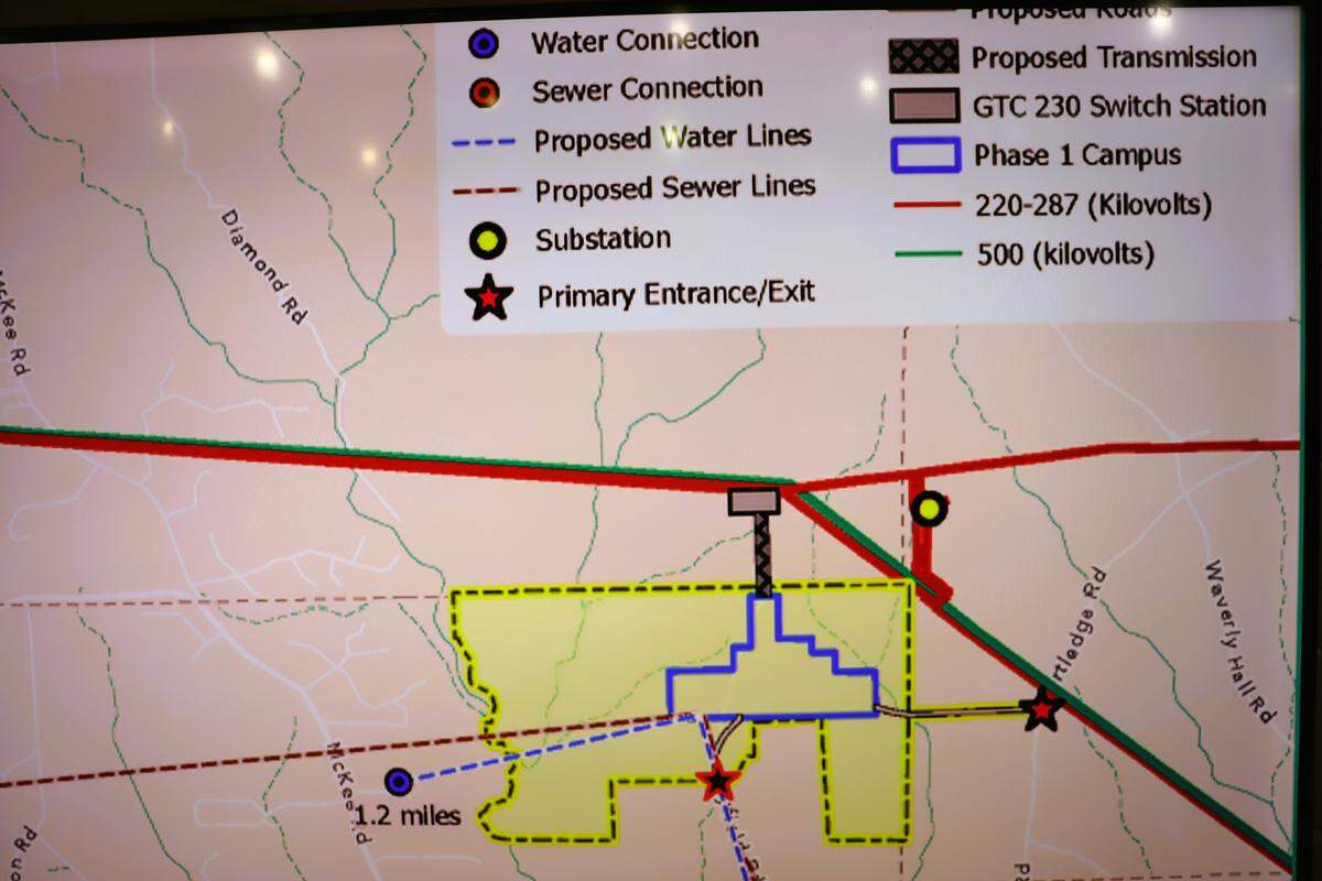 This schematic for proposed hyperscale data center Project Ruby in Columbus shows where water and sewer lines, a substation and transmission line would go.