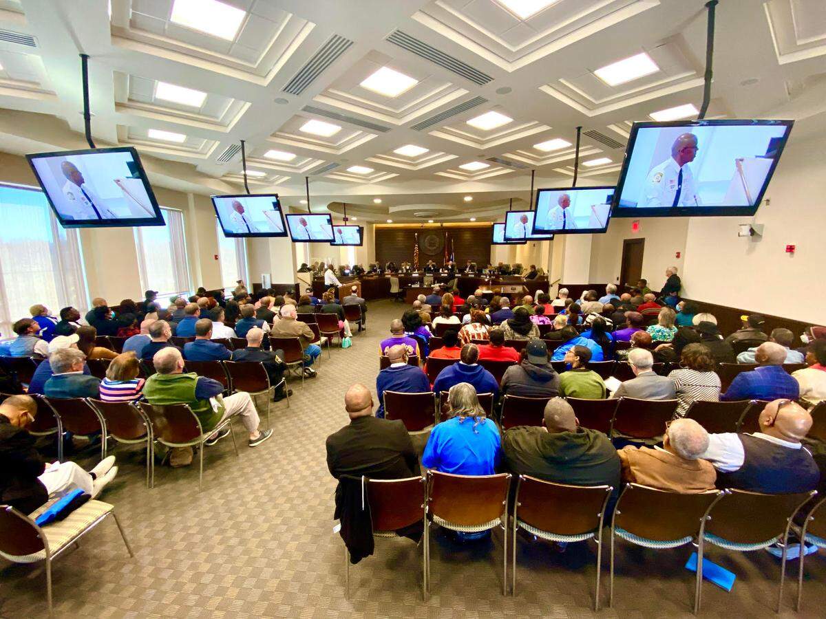 Columbus Police Chief Freddie Blackmon presented a strategic plan before an overflow crowd at the city council meeting.