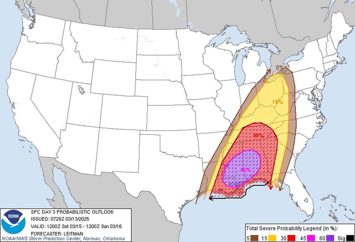 A graphic from NOOA concerning the probability of severe weather within 25 miles of a point.