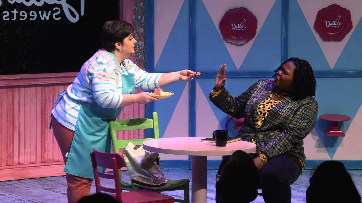 Bonner Church, left, portrays Della and Jordan Battle, right, portrays Macy in the Springer Opera House production of “The Cake.” 04/19/2023