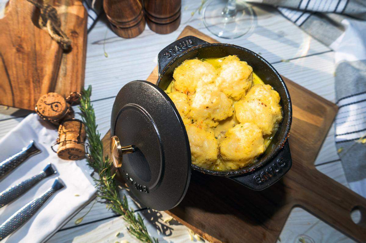 This is the Chicken + Spooned Biscuits at Millhouse Kitchen + Bar, located at 1801 1st Ave. in Columbus, Georgia.