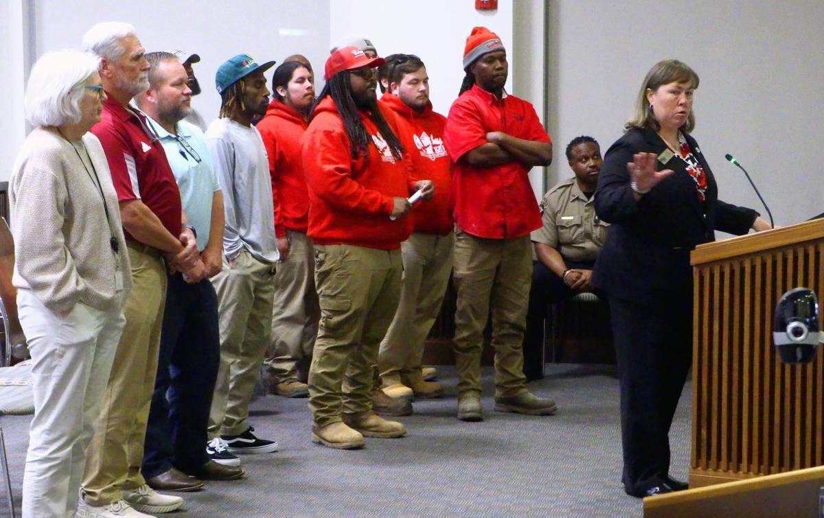 Holli Browder, right, the director of the Columbus Parks and Recreation Department, speaks about the proposed Columbus Sports & Entertainment Facilities Authority during the Feb. 25, 2025, Columbus Council meeting.
