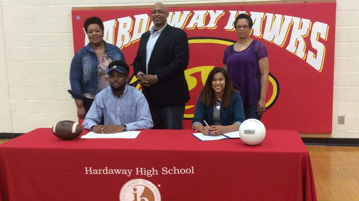 Two Hardaway student athletes signed letters of intent to continue their careers Tuesday during a ceremony at the school. Weslee Hilton signed to play football with Point University. Alexis Allison signed to play volleyball with Andrew College.