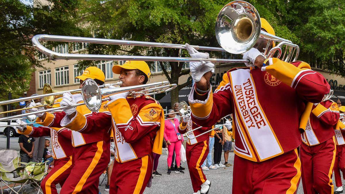 Tuskegee University’s band performs at the parade for the Tuskegee-Morehouse Football Classic on Oct. 5, 2024, in Columbus.