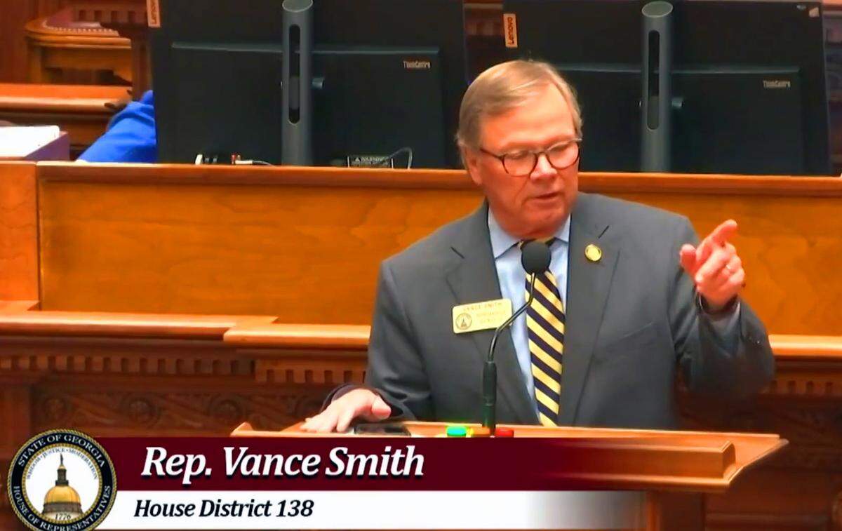 State Rep. Vance Smith (R-Pine Mountain) gives an emotional thank-you March 25, 2025, to supporters in the Georgia House of Representatives after the Harris County Chamber Chamber of Commerce fired him from his job as president and CEO for his vote against Gov. Brian Kemp’s tort reform bill.