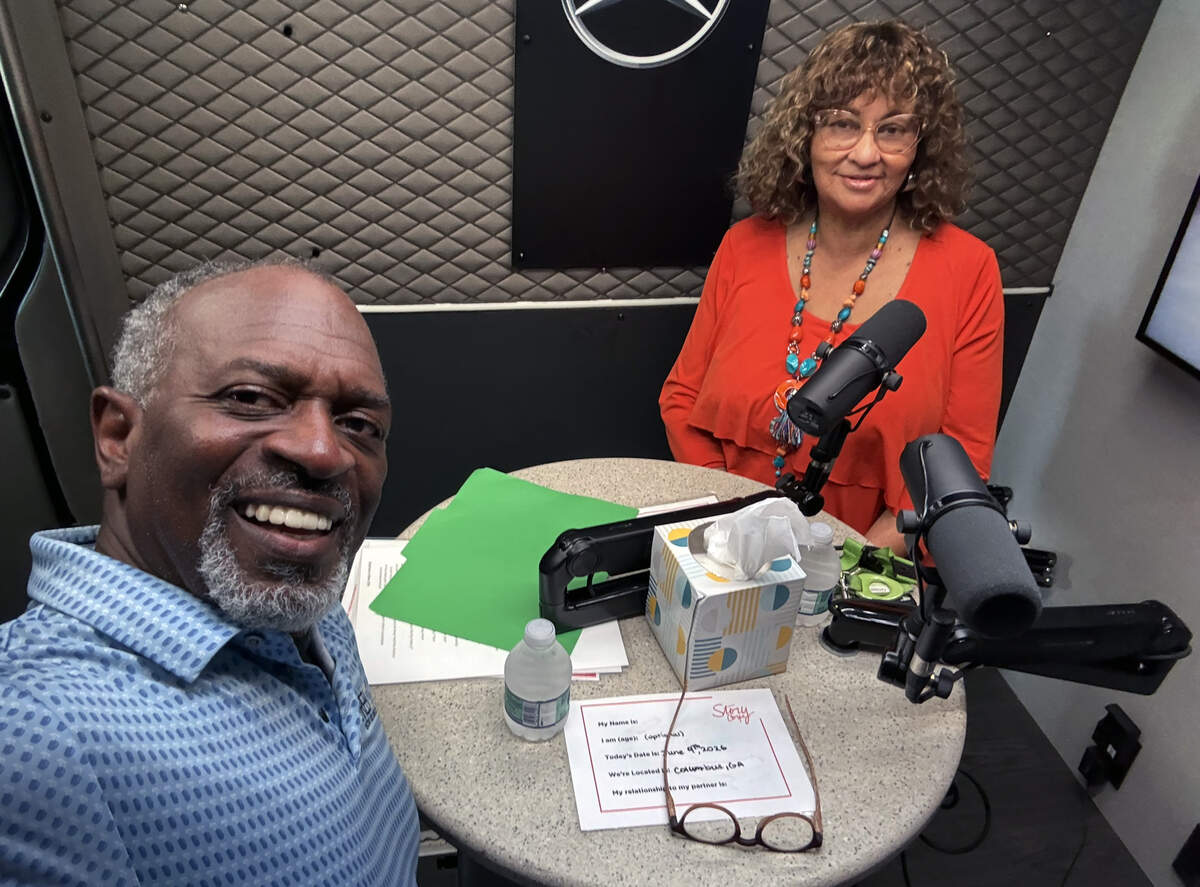 Oz Roberts, left, facilitated conversations with Columbus residents, including Olive Marie Vidal Kendall, for the June 2026 StoryCorps visit to the Liberty Theatre.