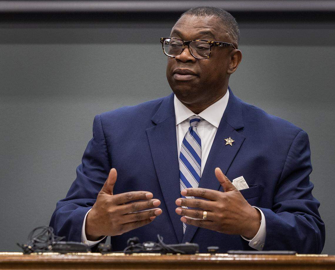 Muscogee County Sheriff Greg Country speaks during an April 20, 2026, news conference at the Muscogee County Sheriff’s Office in Columbus about the results of Operation Sweet Silence.