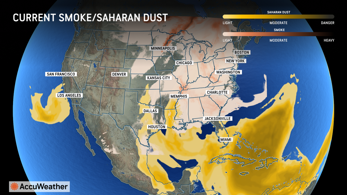 Dust from the Sahara encroaches on the Caribbean and Florida on June 3, while smoke from Canadian wildfires blanket the midwest and southern U.S.