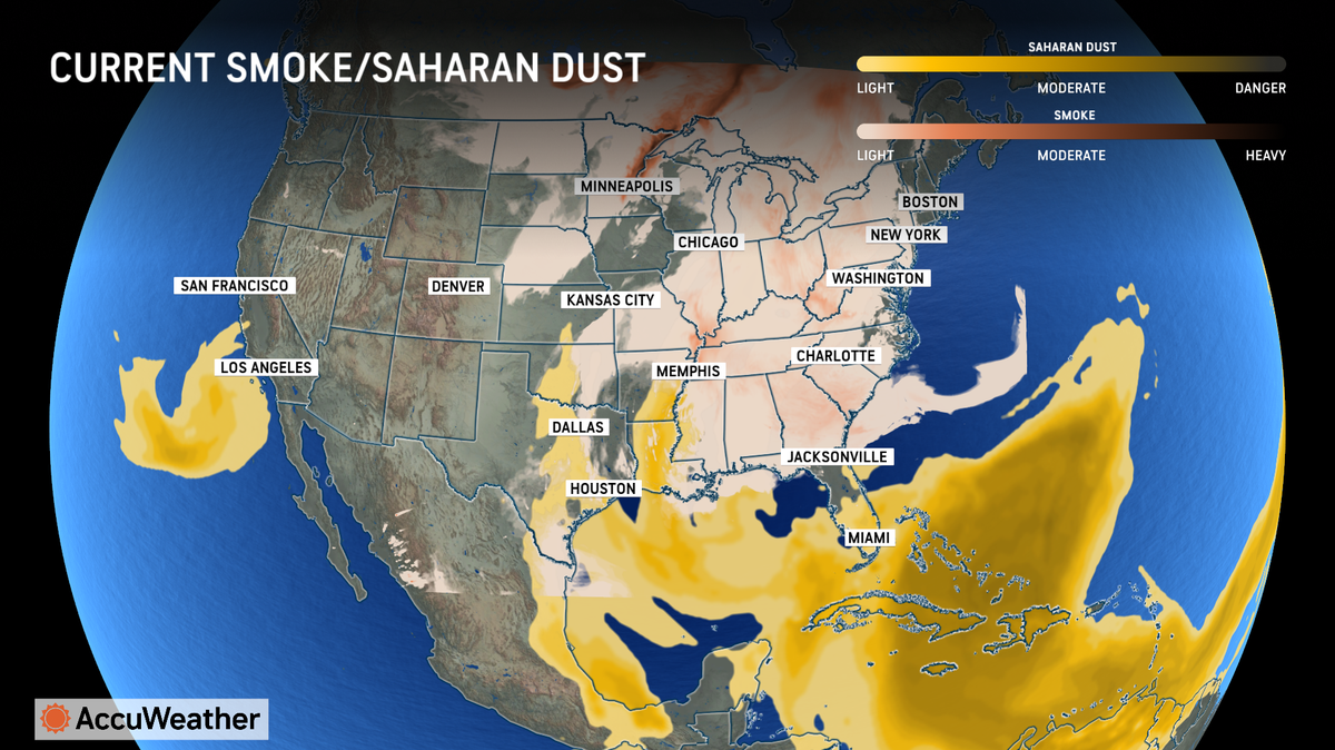 Dust from the Sahara encroaches on the Caribbean and Florida on June 3, while smoke from Canadian wildfires blanket the midwest and southern U.S.