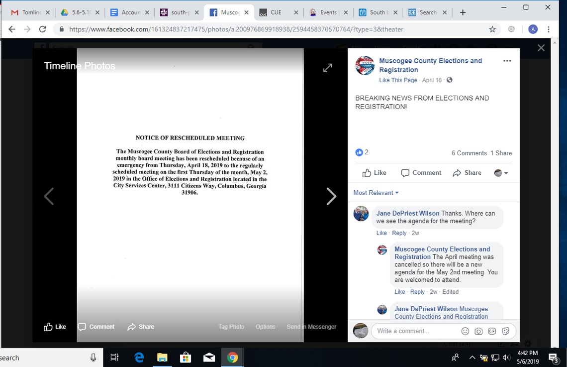 A screen shot of the Muscogee County Elections and Registration Facebook shows a citizen requesting to see an agenda for the board’s May 2 meeting.