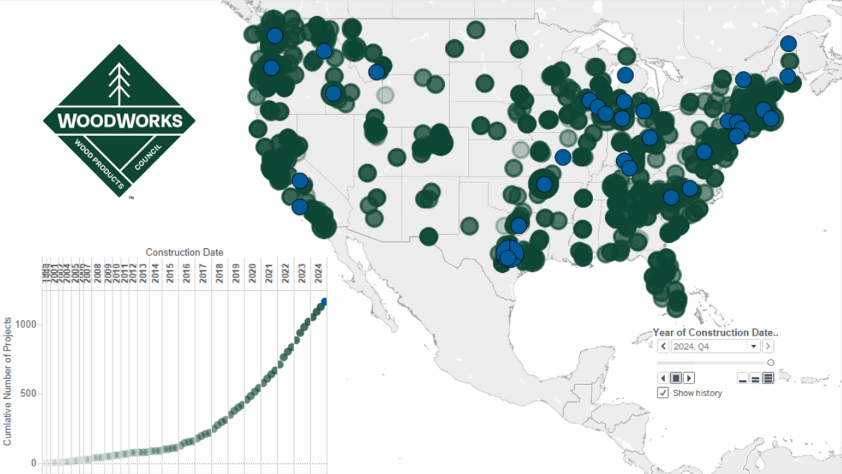 Mass timber projects in the United States from 1998 to Dec. 2024.