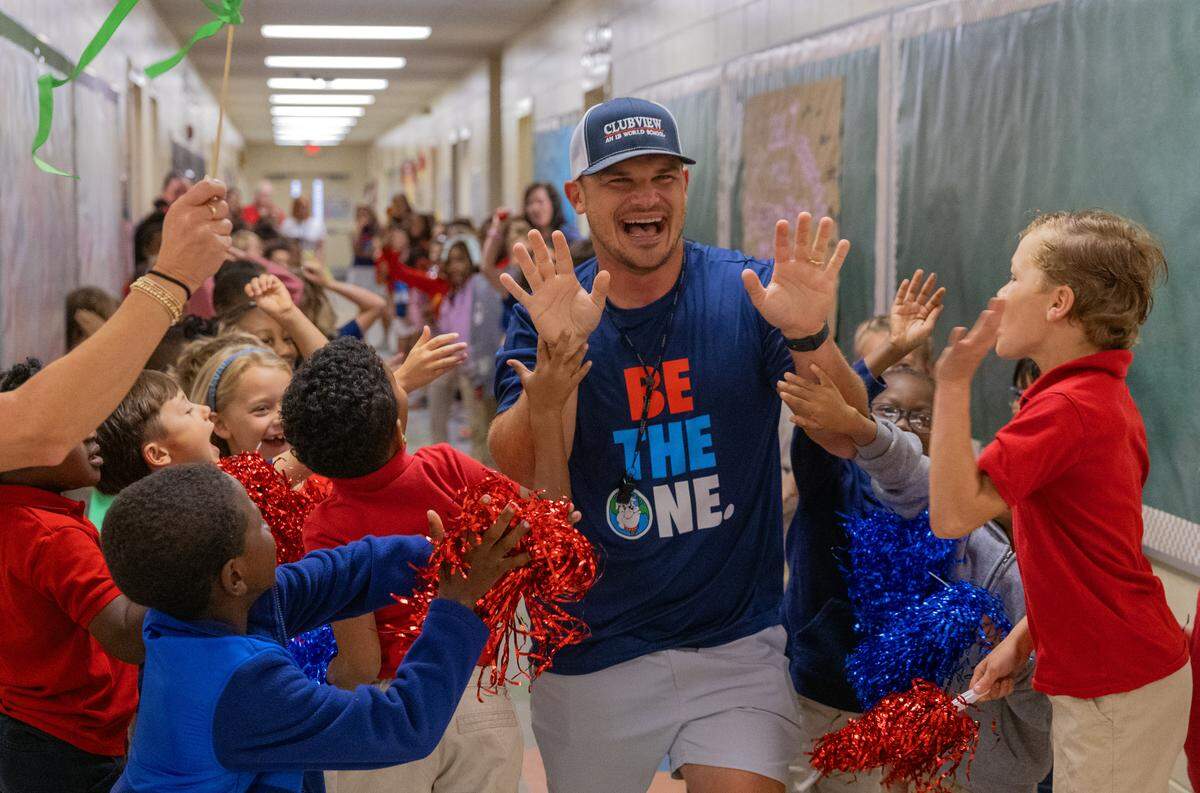 The day after the Muscogee Educational Excellence Foundation named Clubview Elementary School physical education teacher Chris Grier the Muscogee County School District 2026 Teacher of the Year, Clubview students, faculty and staff celebrated him at the school May 8.