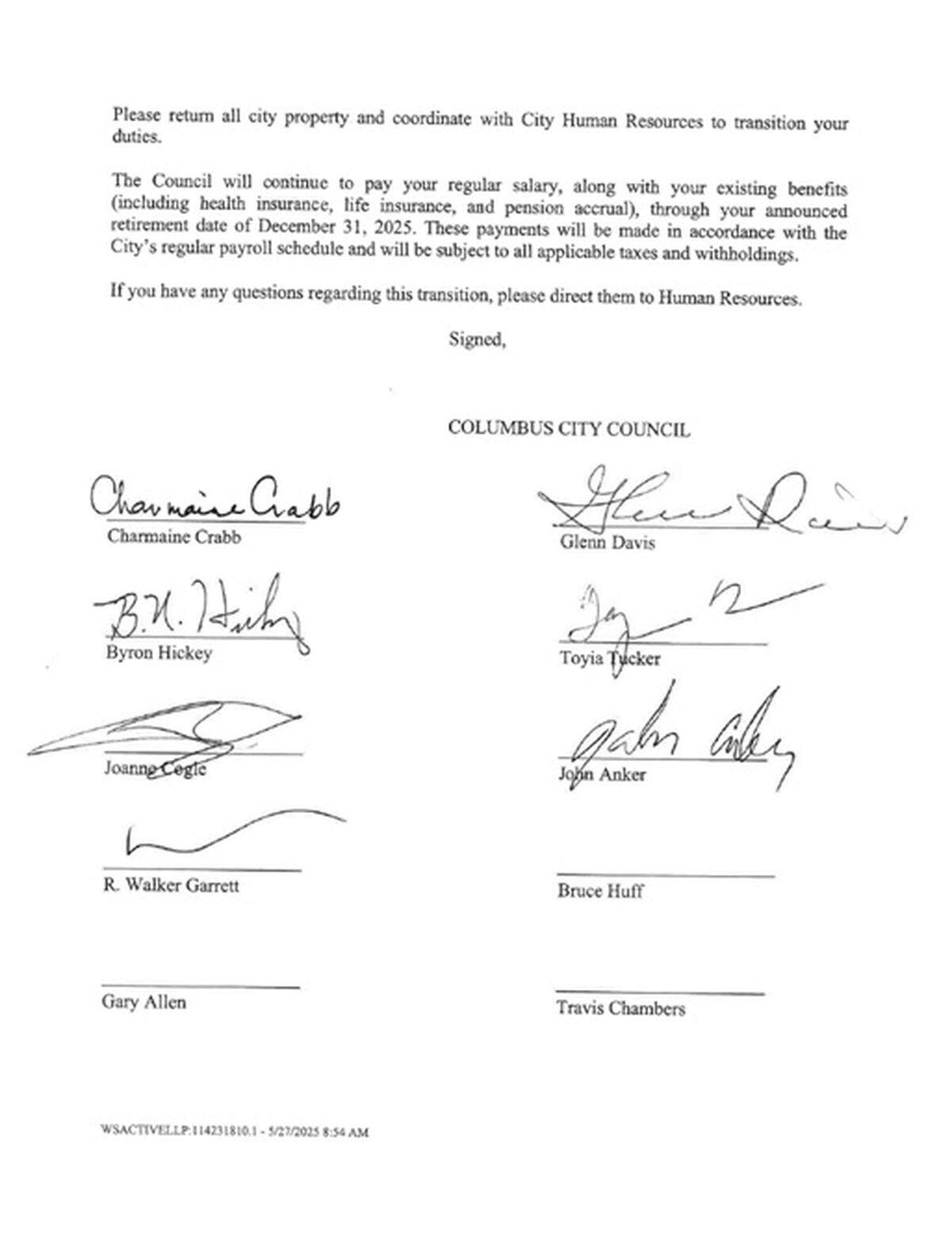 Page 2 of the formal written notice sent to former city manager Isaiah Hugley after seven Columbus Councilors voted to terminate him in a May 27, 2025 council meeting.