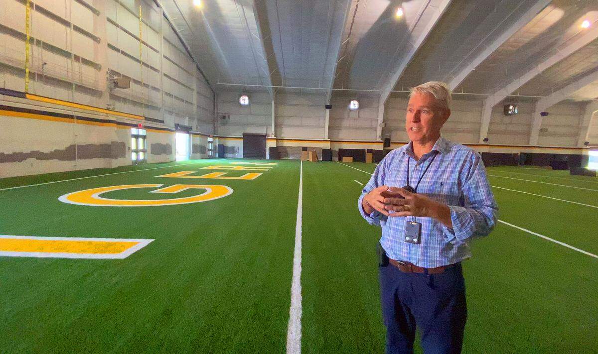 Justin Finney, assistant superintendent for business services and technology for The Harris County School District talks about the district’s new 60,000-square-foot indoor practice facility for multiple boys and girls sports. 09/18/2023