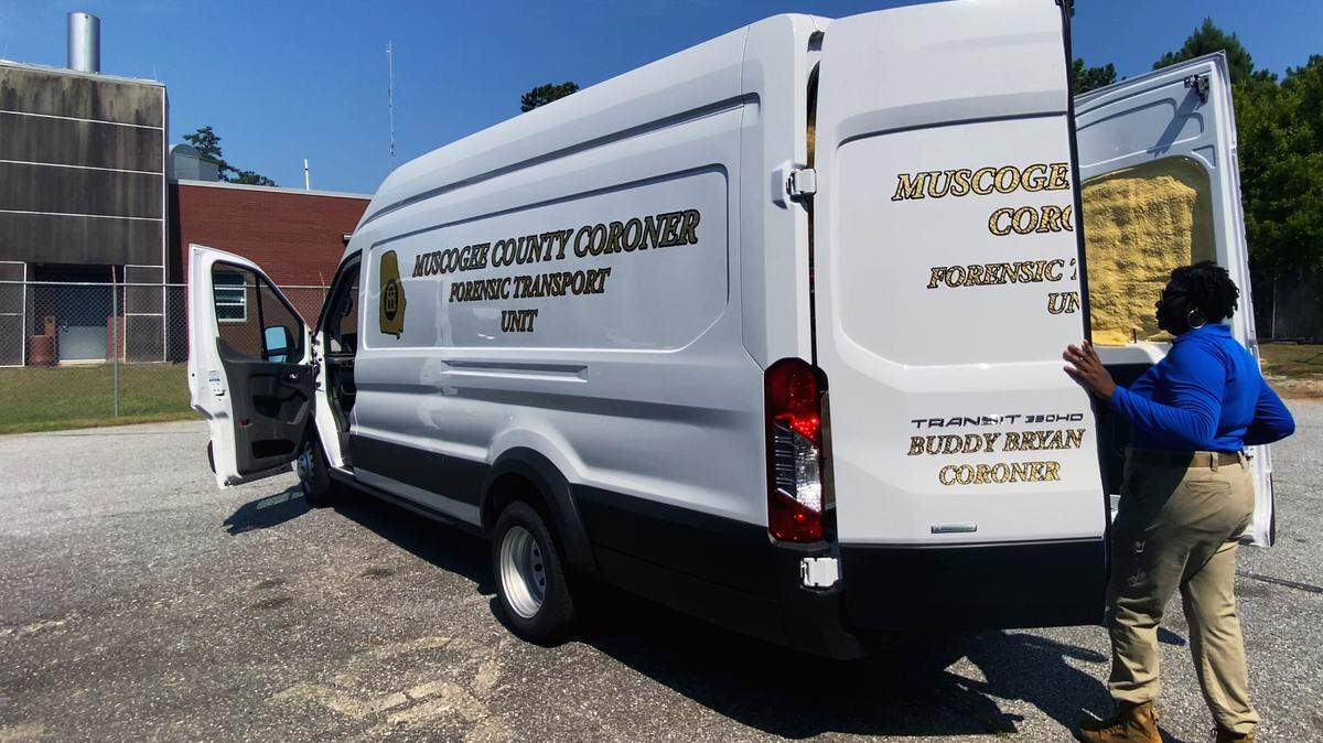 The Muscogee County Coroner’s Office transport van. is shown July 28, 2023.
