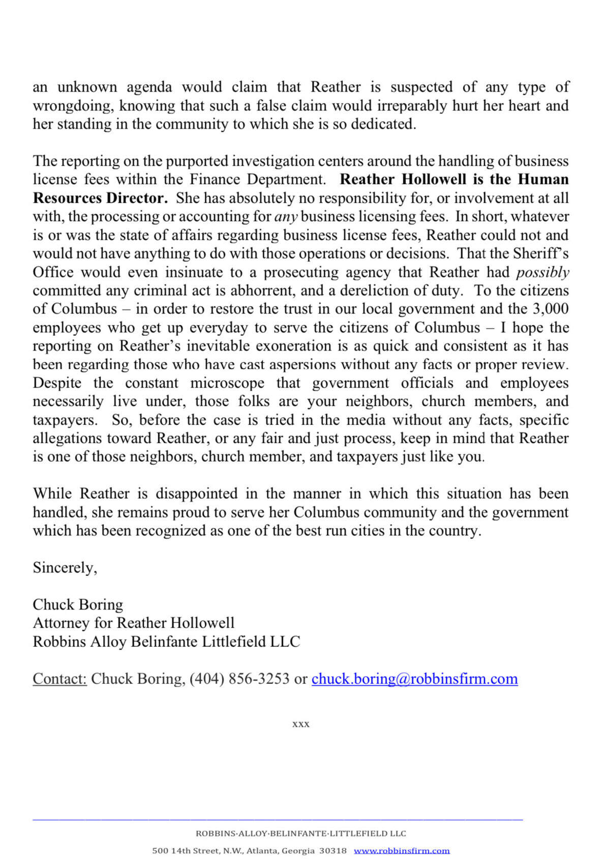 A screenshot of the second page of a statement from attorney Chuck Boring regarding his client Reather Hollowell.