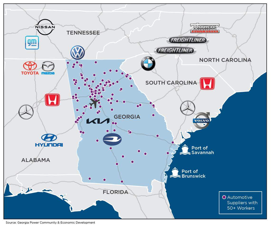 The purple dots indicate automotive suppliers with 50+ workers