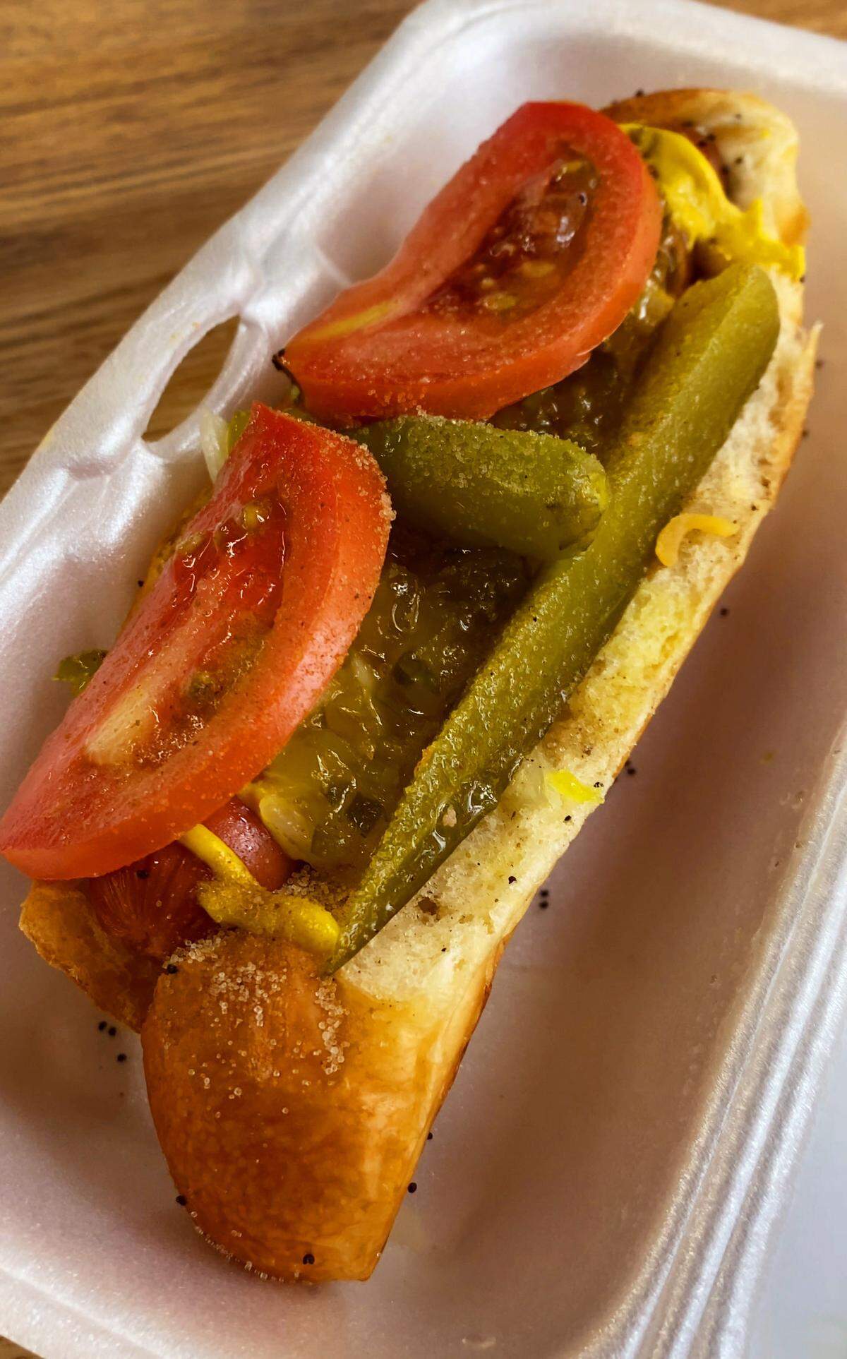 This is the Chicago Dog at Jordan’s Girls Gourmet Dawgs, 803 Veterans Parkway in Columbus, Georgia.
