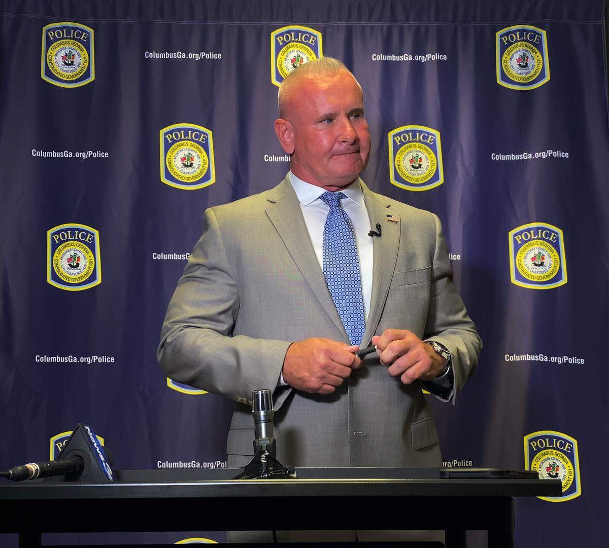 Stoney Mathis answers questions from the media Monday morning. Columbus Mayor Skip Henderson has appointed Chief Stoney Mathis as Interim police chief of the Columbus Police Department. 05/08/2023