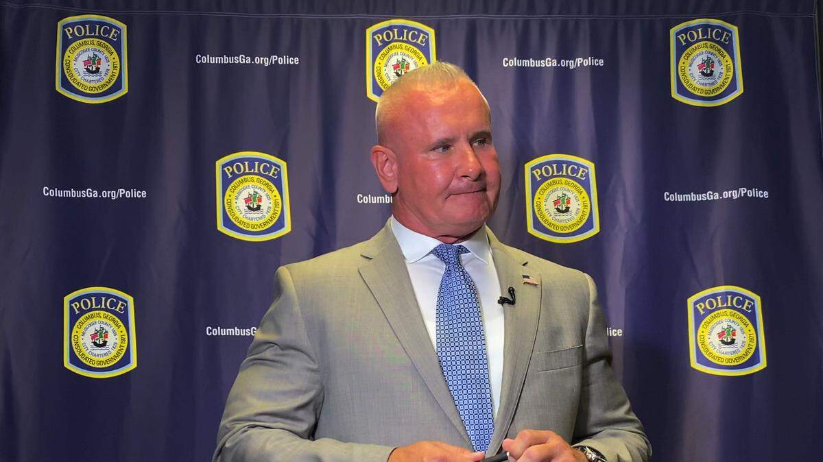 Stoney Mathis answers questions from the media in this L-E file photo. Matthis will become the next full-time chief of the Columbus Police Department after a city council vote Tuesday night.
