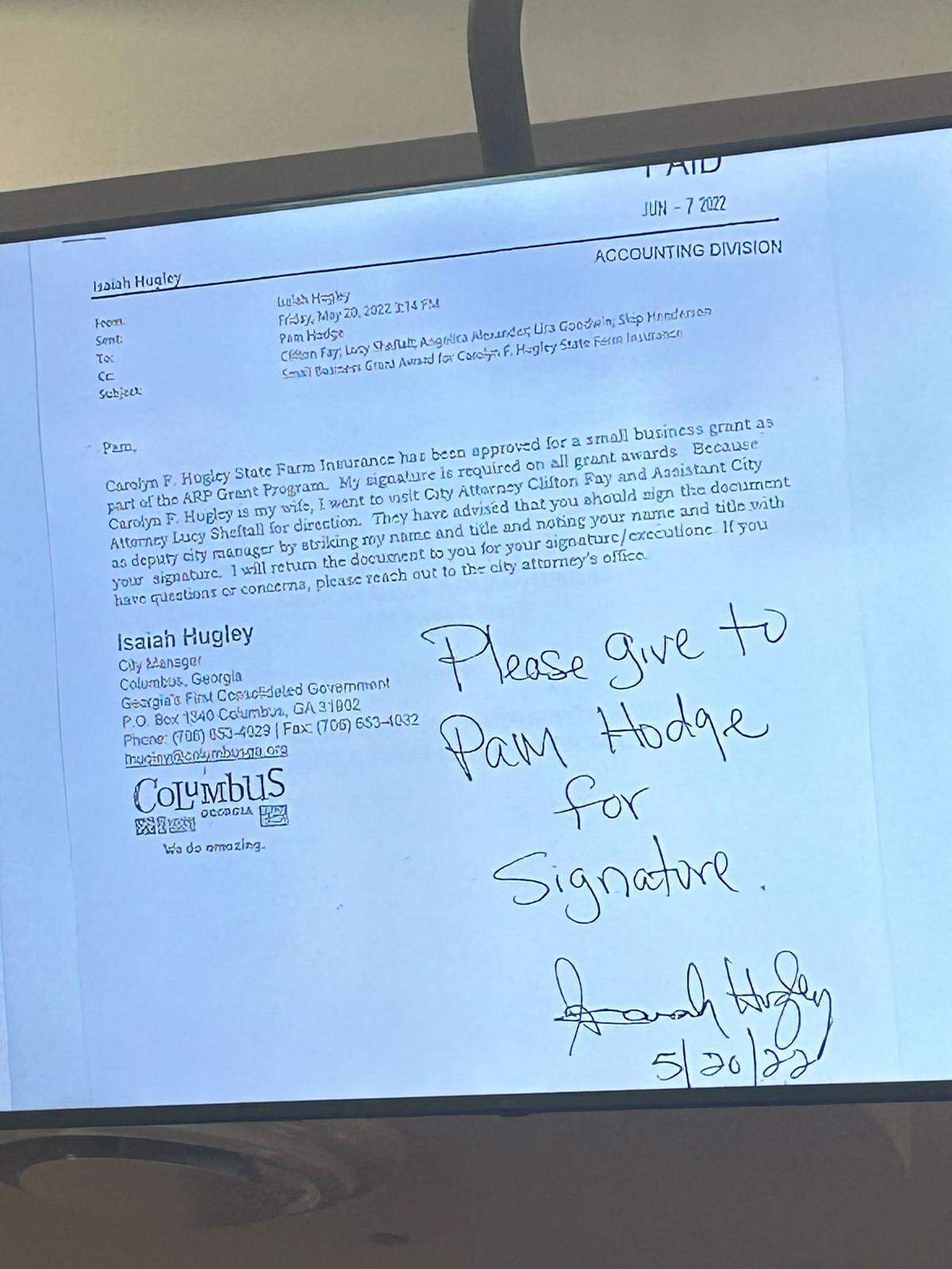 Columbus city manager Isaiah Hugley presented an email showing that he followed the direction of city attorney Clifton Fay in not signing a small business grant approval for his wife.