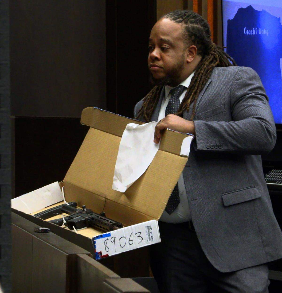 Defense attorney Shevon Thomas II makes his closing argument to jurors Monday morning. 11/13/2023