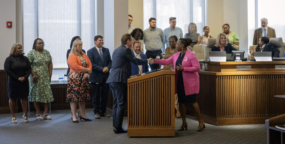 The Columbus Council approved by a 7-1 vote during its June 9, 2026, meeting the appointment of Tyson Begly, center, as the next city manager.
