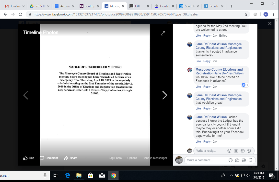 A screen shot of the Muscogee County Elections and Registration Facebook shows a citizen requesting to see an agenda in advance of the board’s May 2 meeting.