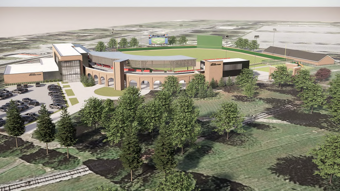 This artist’s rendering shows what Golden Park, now named Synovus Park, is planned to look like when the $50 million renovation of the 98-year-old baseball stadium in Columbus is completed in time for the 2025 arrival of the Atlanta Braves Class AA minor league affiliate moving from Mississippi.